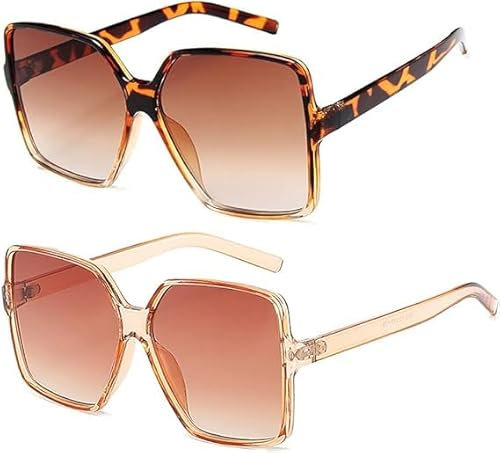Dollger übergroße Quadratische Retro Sonnenbrille Damen Herren Große Mode Brille Schattierungen für Männer Frauen UV-Schutz,Braun+Leopard