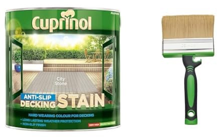 Cuprinol UTDSCS25L Anti Slip Decking Stain City Stone 2.5 litre & Fit for The Job 4 inch Large Capacity Shed and Fence Block Brush for Rapid Painting of Sheds & Fence