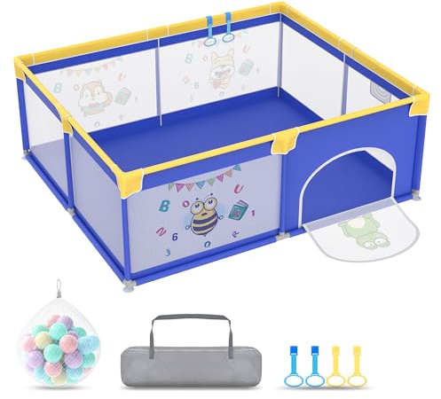 Froadp Laufgitter Baby Laufstall Playpen, Kinderlaufstall mit Tür,Oxford Sicherheitsspielplatz Schutzgitter,mit Tragetasche, Bällen, und 4 Zugringen (150 * 180 * 68cm, Blaues Tier)