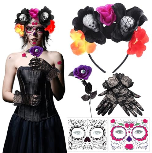 LGZIN Tag der Toten Haarreif Halloween, Dia de los Muertos Haarreif mit 2 Halloween Gesichtstattoos, Spitzenhandschuhe und Künstliche Rose, Kostüm Damen Haarschmuck für Halloween Karneval Fasching