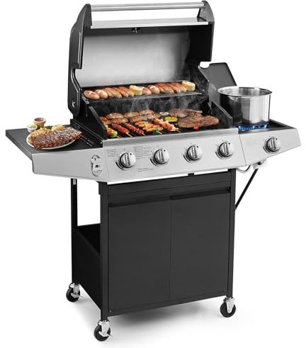 Lyromix Großer Propangasgrill mit 4 Brennern und Seitenbrenner, Outdoor Gasgrill mit porzellanemaillierten Gusseisenrosten, 510 m² Kochbereich, 49000 BTU