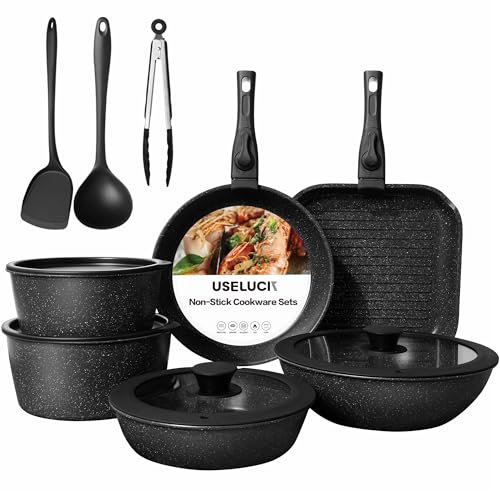 Set da 20 pentole e padelle antiaderenti, impilabili con manico staccabile, in granito a induzione, set da cucina portatile con manici rimovibili, lavabile in lavastoviglie e forno, nero