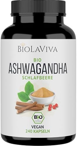 BIO Ashwagandha - 240 vegane Kapseln - Hochdosiert mit 1950mg je Tagesdosis - Wurzelpulver der indischen Schlafbeere - Laborgeprüft aus Deutschland