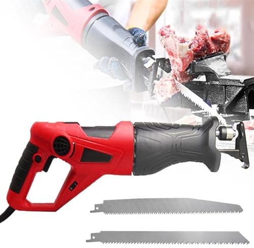 QIUFANGY Segaossa, Segaossa elettrica Sega da Macellaio Professionale Sega a sciabola elettrica a velocità variabile con Lame for Tagliare Metallo Legno Maiale Manzo Carne di Montone(Red,1100W)