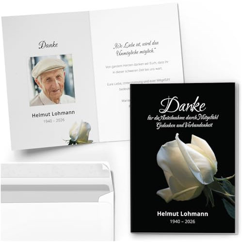 10 Trauerkarten Danksagungen Dankeskarten PERSONALISIERT mit Text und Foto | Individuell anpassbare Trauer Klappkarten mit Briefumschlägen | Danke Karten weiße Rose