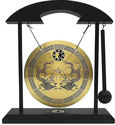 lyrlody Gong de Escritorio Chino, Golpe de Gong de Escritorio con Base de Madera, Decoración Zen Hecha de Madera y Cobre, para Sala de Estar de Oficina en Casa (dragones dobles)
