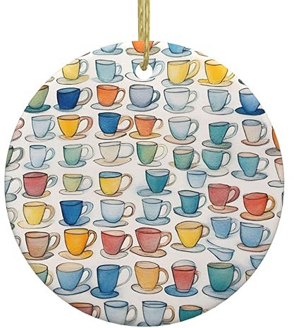 Hand Drawn Teapots and Cups Print Christmas Ornament,Ceramic Christmas Hanging Ornament,Christmas Decorations,Holiday Presents