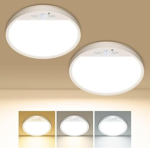 zemty Motion Sensor Ceiling Light, 7in 500LM Battery Ceiling Lights with Timer, 3000K/4000K/6500K Battery Operated Bathroom Lights, Round Wireless Light for Garage Toilet Loft Shed 2 Pack