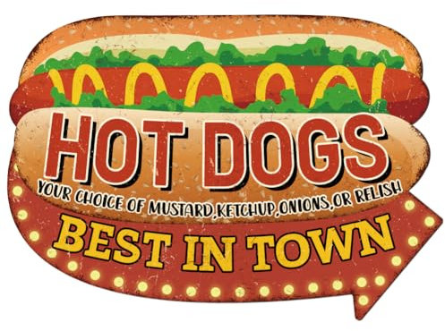 WADORN Hot Dogs Vintage Metall Blechschild, 26.5x38cm Diner Hot Dogs Best In Town Lustiges Metallschild Retro Food Metallwandkunst Poster Metallplakette Für Küche Restaurant Lebensmittelgeschäft