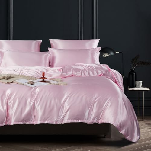 YASMENG Housse de Couette Satin 240x260 Rose Uni Brillant Deluxe Parure de Lit Satin Doux Lisse Soyeux Soie Linge de Lit 2 Personne Adulte avec Fermeture Éclair et Taies d'oreiller 65x65 cm
