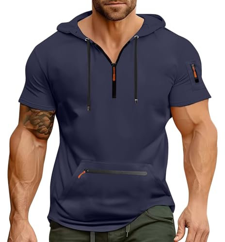 T Shirt Herren mit Kapuze Kurzarm Kapuzenpullover mits Taschen Kordelzug Sommer Kurz Hoodie Sport Tshirt Personalisierte Kapuzenshirt Freizeit Sweatshirt Atmungsaktives Sportshirt(Navy,XL)