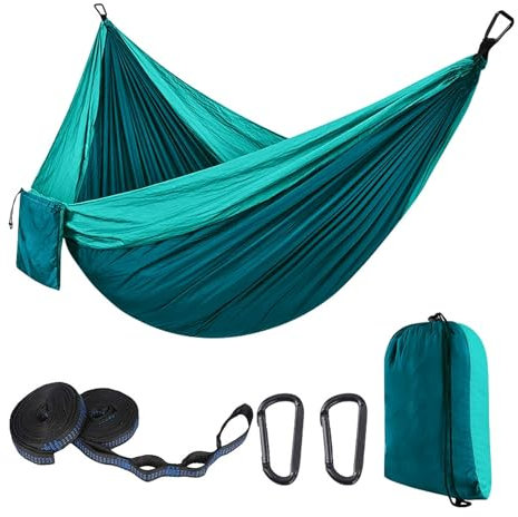 Camping Hammock – Portable Double Hammock 270 x 140 cm, 300kg Load Capacity, with Carabiners & Nylon Straps – Travel Hammocks for Outdoor, Indoor, Garden, Beach, Hiking, Lake Blue