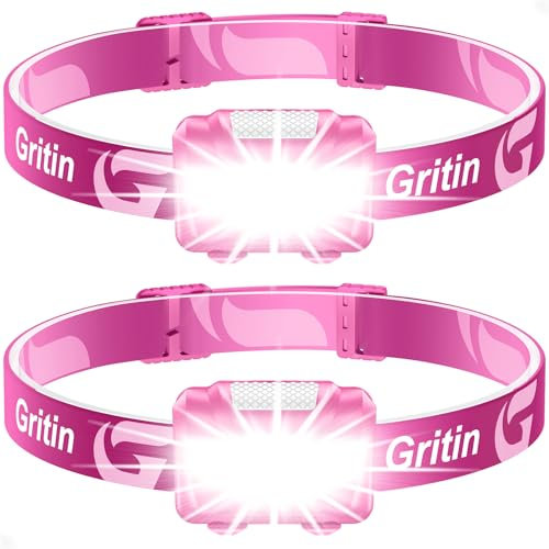 Gritin Stirnlampe LED, Superhell Kopflampe mit 3 Modi, IPX5 Wasserdichte Leichtgewichtige Mini Stirnlampe fürs Laufen, Campen, Joggen, Angeln, 2 Stück -Rosenrot