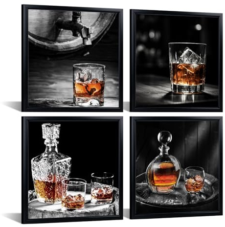 iKNOW FOTO Whisky-Glas-Leinwand-Kunst-Set, 4 Stück, schwarz, gerahmt, für Bar, Lounge, Whiskyflasche, Kunstwerk, Getränkeposter mit schwarzem Rahmen, für Heimdekoration, Männerhöhle, fertig zum