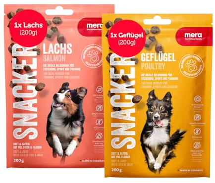 MERA Snacker Geflügel & Lachs (je 1 x 200g), weiche Hundeleckerli getreidefrei | Hunde Leckerlis ideal fürs Training oder als Hundesnack | kalorienarme Leckerli Hund | Soft Dog Treats