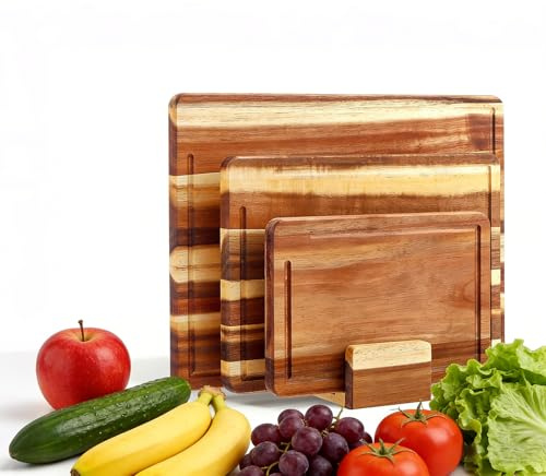 Set di 3 taglieri in legno, 40,5 x 30/32,5 x 23,5/25,5 x 17,5 cm, taglieri in legno di acacia di alta qualità con supporto, 2 cm di spessore con scanalatura per succo, tagliere per la colazione