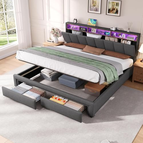 6ft Super King Size Ottoman Bed with Hydraulic Storage&Drawers&LED Adjustable Concealed Storage Headboard, Linen Functional Upholstered Bed Frame with Charging Station, Gas Lift Bed, No Mattress, Grey