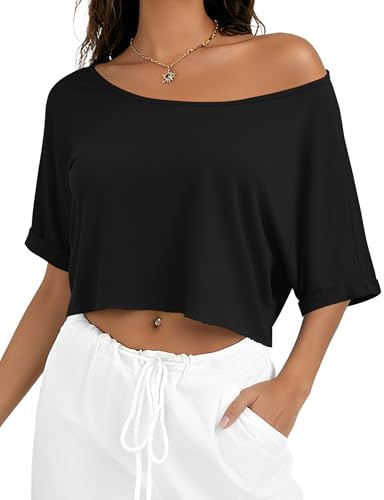 Kistore Womens Short Sleeve Shirts Off Shoulder Crop Tops Loose T Shirt Asymmetrical Neck Going Out Trendy Top Black L