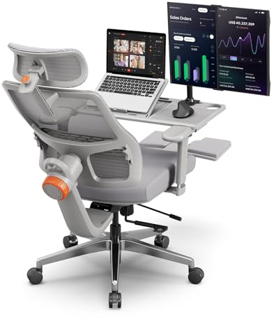 Newtral Ergonomic Home Office Chair with Detachable Laptop Tray - Desk Chair with Dynamic Back Support, Foldable Footrest, 5D Headrest, 4D Armrest, Includes Mouse Zone, Cup Holder, MagicH-PRO, Grey