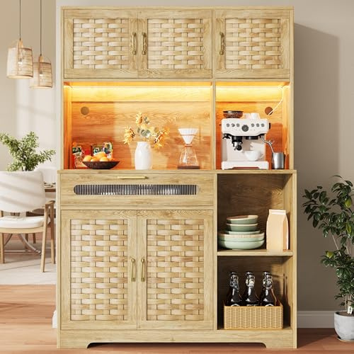 Gxffipw Küchenschrank Buffetschrank Höhe 180 cm mit LED Beleuchtung und Gewebte Türen, Highboard Küchenschränke mit Verstellbaren Ablagen, Hochschrank mit Arbeitsplatte, Küchenmöbel, Holzfarbe