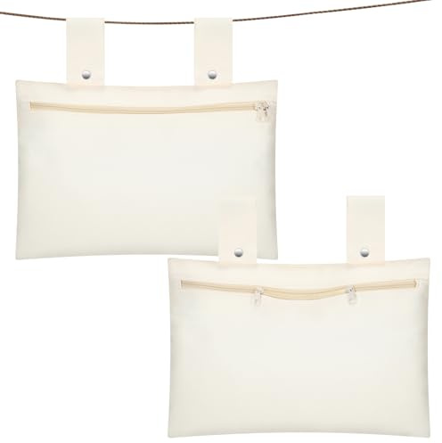 Abbylike 2 Pack Canvas Clothespin Bag 15 x 11 inch Beige Clothes Pin Hanging Bag Hang on Line Zipper Closure and Snap Fastener Heavy Duty Windproof Hanging Laundry Peg Holder for Clothesline Hanger
