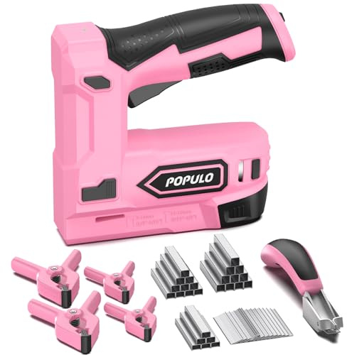 POPULO Pinzatrice elettrica 2 in 1, kit di chiodatrice elettrica senza fili, 4 V, a batteria, per tappezzeria, falegnameria, fai da te, con clip, levapunti, 1600 graffette e chiodi, rosa