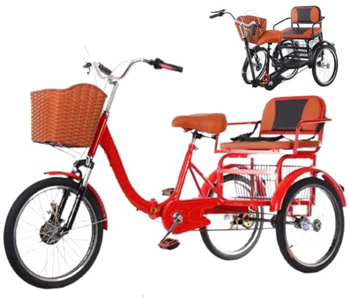 BoluDukNN 20-Zoll-Dreirad Für Erwachsene, Faltrad, Cruiser-Trike, Doppelkette/Dämpfung, Faltrad Für ältere Menschen, 3-Rad-Fahrräder Mit Gepäckkorb Und Bequemem Sitz Red
