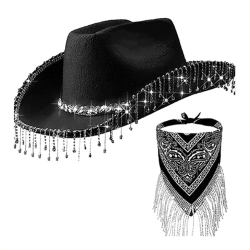 CowboyHut Damen Herren Westernhut Cowboyhüte Cowgrilhut Randlose Hippie Herzförmige Brille Halstuch Wilder Westen Party Brillen Geburtstagsfeier Fasching Karneval Kostüm Party,Cowboy Hut Pink