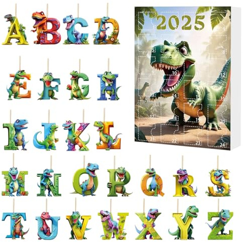 24 Boxen Weihnachts-Countdown-Kalender – Dinosaurier-Alphabet-Ornamente aus Acryl, 2D, Urlaubsdekoration | Dekorative Socken für Jungen und Mädchen, lustiges Weihnachtsgeschenk, act