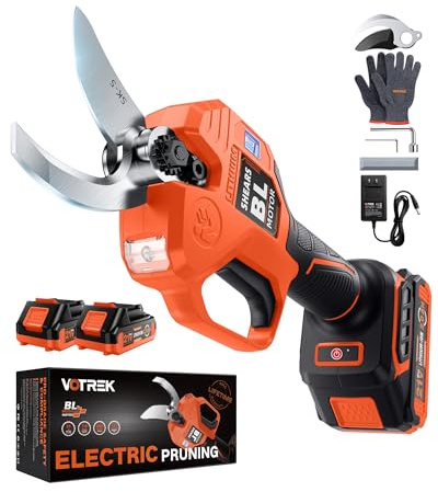 VOTREK® Forbici da Potatura Elettriche 40mm con 2 Batterie 2,0 Ah, Motore Brushless 600W, Lama SK5, LED, Blocco di Sicurezza, Autonomia Prolungata come Cesoia Elettrica per Giardino e Alberi da Frutto