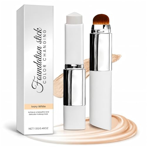 ELYCO Colour Changing Foundation Stick mit Pinsel, 32000 Ultradünne Borsten Faccelove Farbwechselnde Foundation Stick 2-in-1 mit LSF 15, Langanhaltend für Alle Hauttypen Elfenbeinweiß