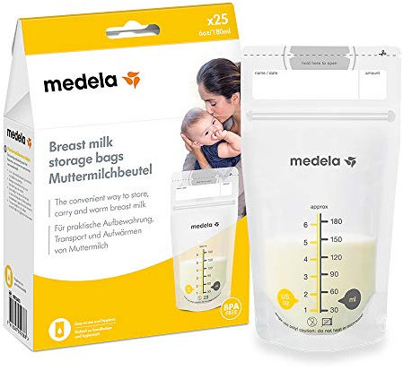 Medela - Sachet de conservation pour lait maternel Medela - double glissière de sécurité, bords renforcées, sans BPA, 180ml, Lot de 25