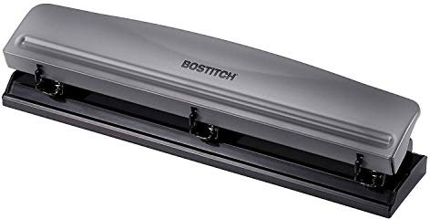 Bostitch Office Premium 3-Locher, Kapazität 12 Blatt, Metall, Gummiunterseite, leicht zu reinigende Ablage, Silber, Grau