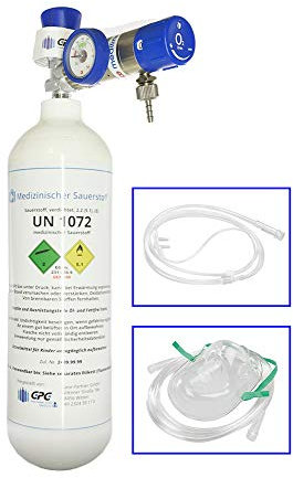 GPG Gase-Partner GmbH Mobiles Sauerstoff-Notfallsystem - 2 Liter medizinischer Sauerstoff (Leichtstahlflasche) mit Druckminderer MediSelect 25 und Masken