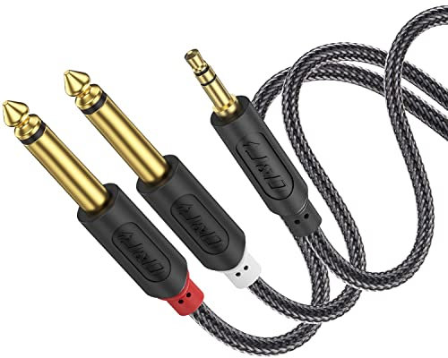 J&D Cable Audio 3.5mm a Doble 6.35mm Audio Enchufe, Chapado en Oro 3,5mm TRS Macho a 2X 6,35mm TS Macho Mono Cable Divisor con Cáscara de PVC y Trenzado de Nailon, 0.9 Meter