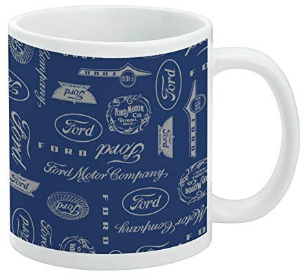 Ford Motor Company Keramik-Kaffeetasse mit Logo-Muster, Geschenkidee für Kaffee, Tee und heiße Getränke, 325 ml, Weiß