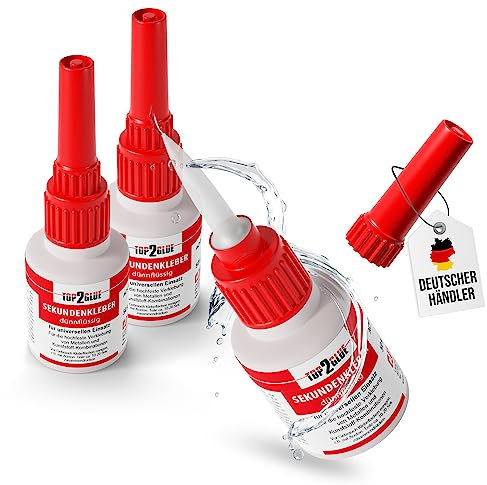 TOP2GLUE Sekundenkleber dünnflüssig 50g Industriequalität für Handwerk Haushalt Hobby Modellbau Anpassbare Düse mit Spezialverschluss XXL-Flasche (3 Flaschen)