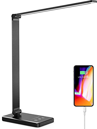 Angdarun Schreibtischlampe LED Tischlampe Dimmbar mit USB, 5 Farb und 10 Helligkeitsstufen, Touch-Bedienung, Faltbar Tageslichtlampe Augenschutz, Tischleuchte für Kinder, Büro, Lesen, Haus