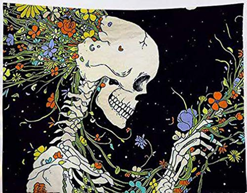 Amiiba Wandteppich mit psychedelischem Totenkopf-Motiv, Blumen-Design, Wandbehang, elegante romantische Dekoration für Schlafzimmer, Wohnzimmer (Skelett, M - 150 x 130 cm)