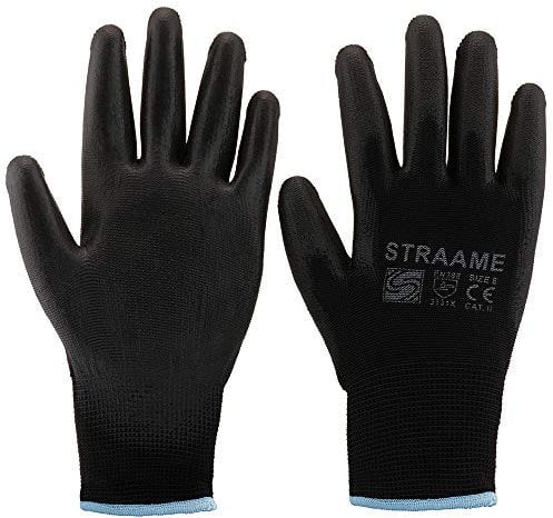 Straame Pack of 12 or 24 Black Safety Work Gloves, Outdoors PU and Nylon Non-Slip Work Handling Gloves, Good Dexterity Firm Grip Protective Working Gloves Size (Pack of 24 Pair's, M)