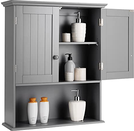 COSTWAY Armoire de Salle de Bains Murale à Pharmacie avec 2 Portes et 3 Etagères, Rangement avec Paroi Réglable sans Miroir en Bois (Gris)