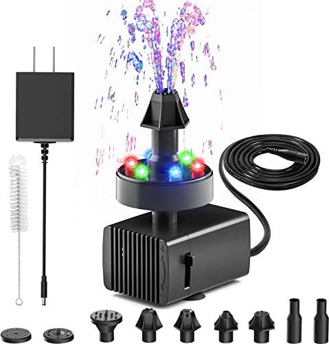 Jutai Fuentes de baño para pájaros eléctricas de 24 horas de trabajo, bomba de agua silenciosa ajustable con luces LED para jardín, pecera pequeña, estanque, características de agua, 7 boquillas