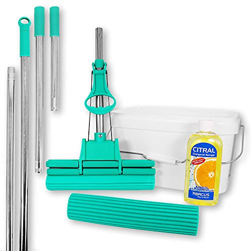 ABACUS Green Mop® 7810.3 - Cubo de fregona (30 cm, incluye esponja de repuesto con cubo, limpiador de aceite de naranja y mango alargador, 27 cm y 45 cm)