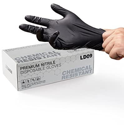 LANON 6 mil Gants Jetables, Noirs Gants en Nitrile, EN ISO 374 Résistants aux Produits Chimiques, Mécaniciens, Bouts de Doigts Texturés, San Poudrés, Sans Latex, L