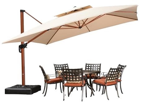 PURPLE LEAF Alu Sonnenschirm Groß Ampelschirm 365 x 365 cm Holzoptik Doppeldach Gartenschirm mit Kurbel 360° Drehbar XXL, Sonnenschutz UV50+, Beige