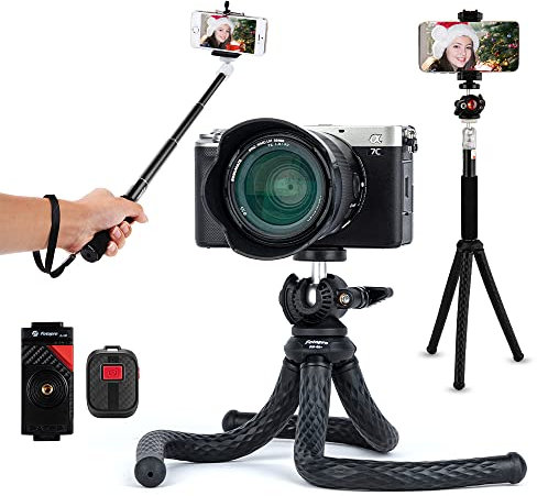 Fotopro Kamera Handy Stativ, Upgrade Flexibles Einziehbares Reisestativ mit Bluetooth Steuerung, Selfie-Stick und Smartphone Klemme für Camera Action Cam Smartphone(RM Series)