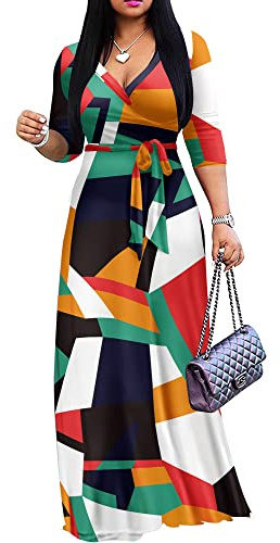 FANDEE Plus Size Maxi Dress for Women Casual Summer V Neck 3/4 Sleeve Dress | Print Fitted Wrap Dress with Pockets & Belt, Semi-Formal,3/4-Sleeve V-Neck