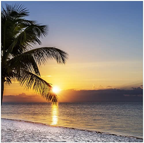 Wallario Glasbild Palme am Strand - Sonnenuntergang über dem Meer - 30 x 30 cm Wandbilder Glas in Premium-Qualität: Brillante Farben, freischwebende Optik
