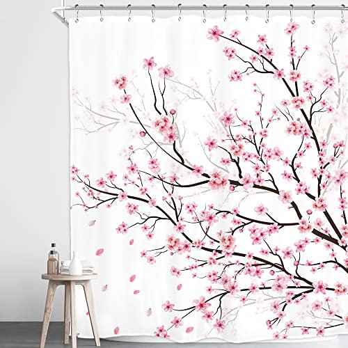Homewelle Cortina de ducha asiática con flor de cerezo, ciruela, flor japonesa, 152.4 cm de ancho x 182.9 cm de alto, acuarela floral rosa Sakura, paisaje de tinta de rama, tela de poliéster