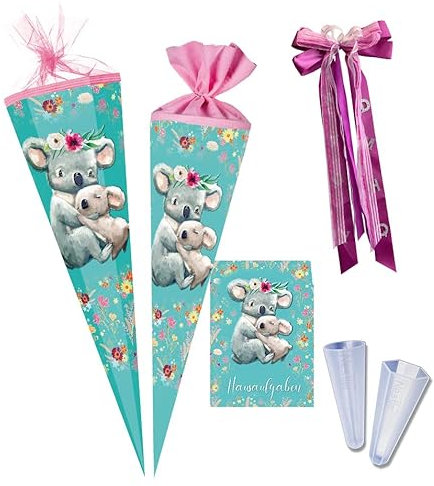 Nestler Schultüten-Set zum Befüllen, Handgemachte Zuckertüte aus Karton - Motiv Koalafamilie, Hausaufgabenheft, Spitzenschutz, Schleife (85 cm 6-eckig)